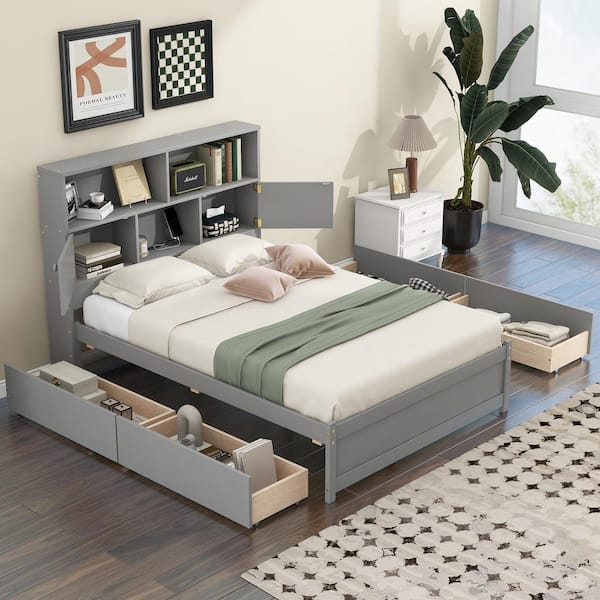 Harper & Bright Designs Gray Wood Frame Full Size Platform Bed with 4-Drawer, Storage Headboard including Shelves, USB Charging, Compartments