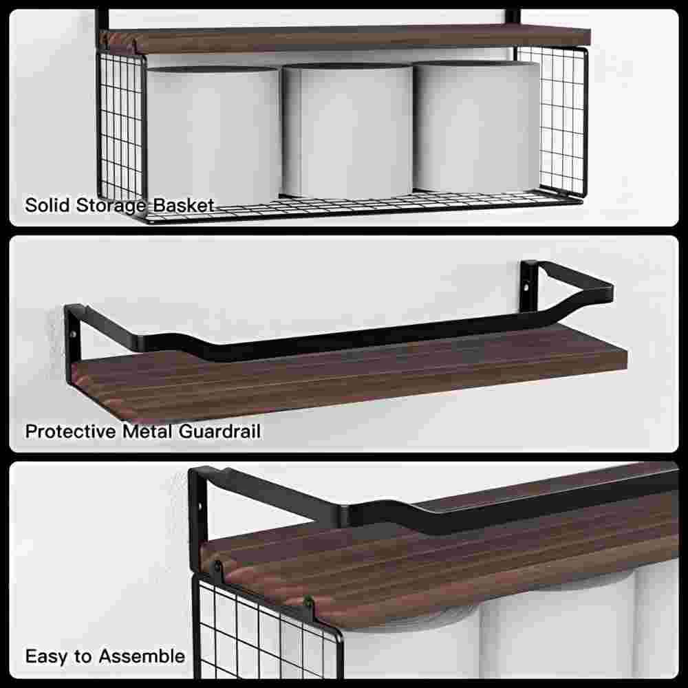 Dark Brown Wall-Mounted Floating Shelves with Metal Guardrail and Wire Basket