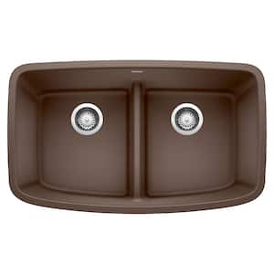 VALEA Cafe Brown Granite Composite 32 in. 50/50 Double Bowl Undermount Kitchen Sink