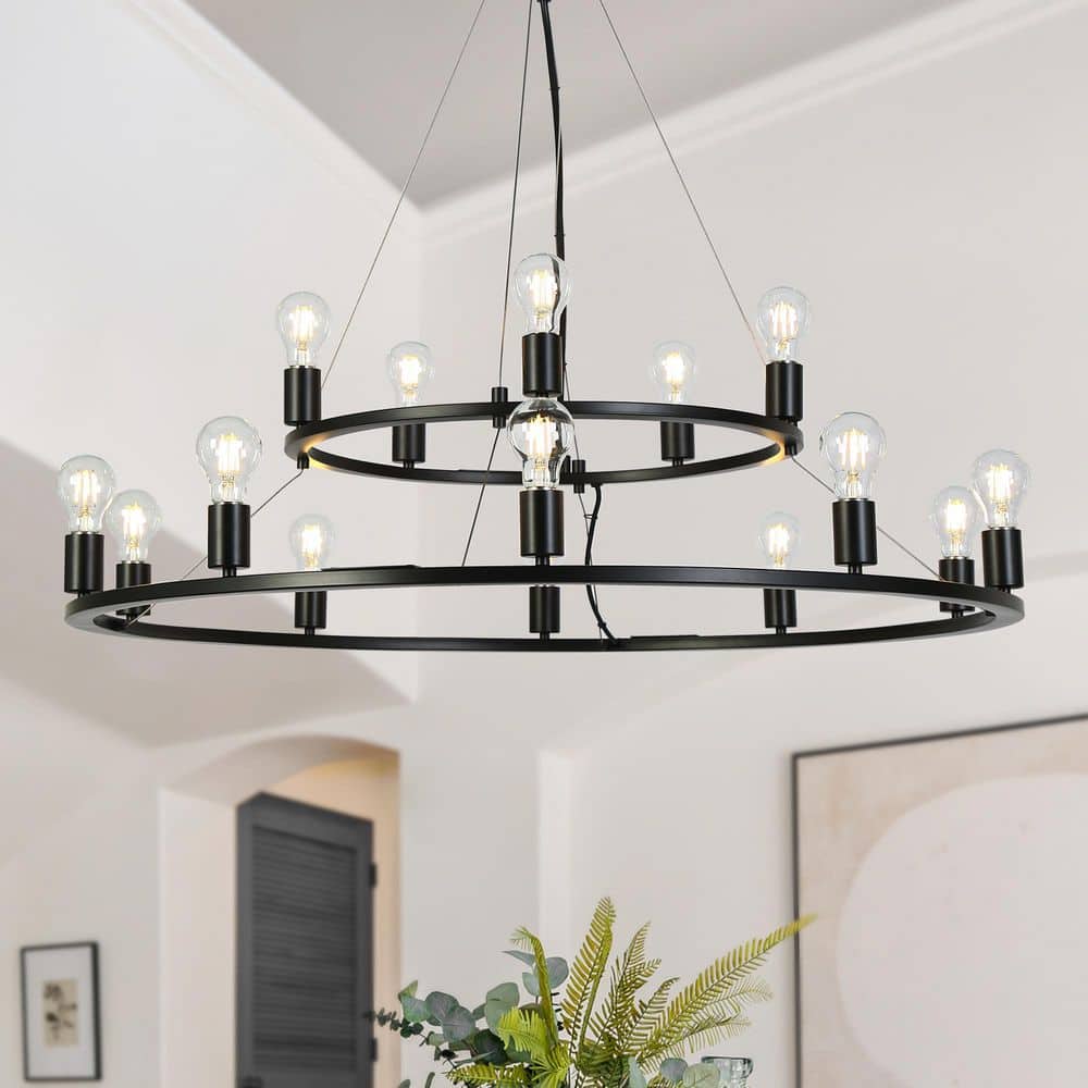 39.4 in. Black Modern 15-Light Extra Large Industrial Wagon Wheel 2-Tiered Chandelier for Living Room Foyer price history on PriceWatchPro