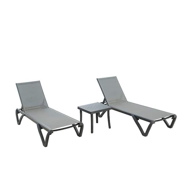 Unbranded 3-Piece Gray Aluminum Outdoor Chaise Lounge Set with 5 Adjustable Positions, Coffee Table for Beach, Poolside
