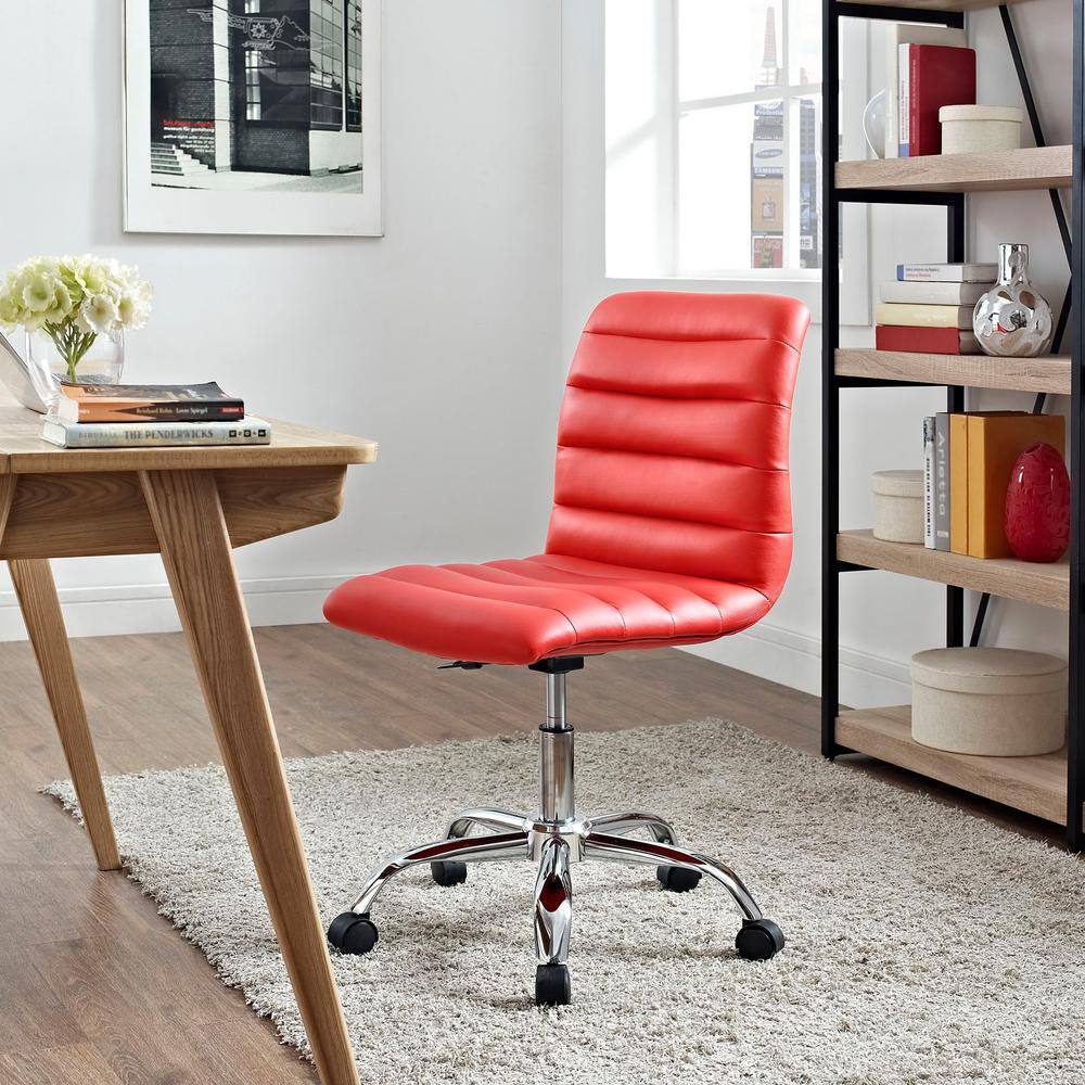 Red Vinyl Armless Swivel Office Chair with Chrome Base