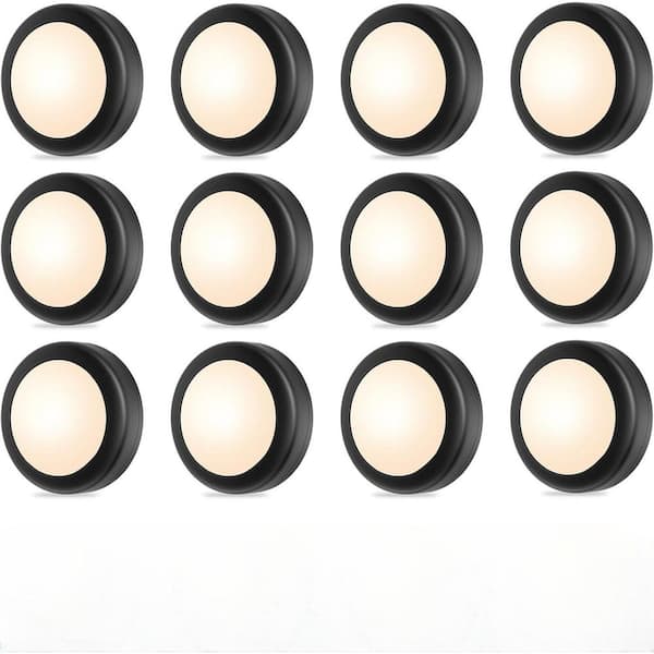 12 Light Dimmable Color Changing Warm White Integrated LED Under Cabinet Puck Light with Remote, Timer Black 12-Pack
