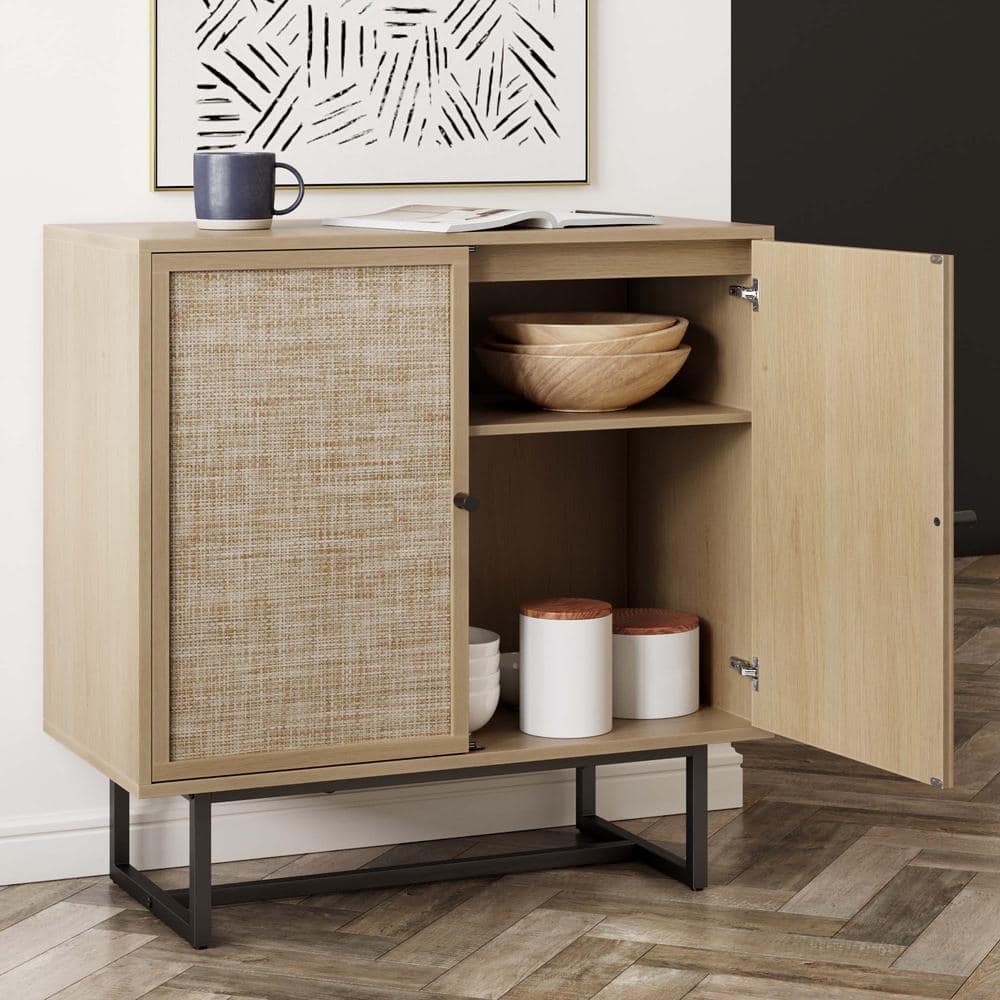 Light Oak and Matte Black Freestanding Cabinet with Adjustable Shelving