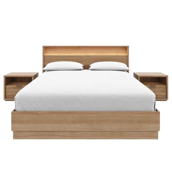 Harlow 4-Piece Brown Oak Wood Composite Queen Size Bedroom Set with Lighted Headboard