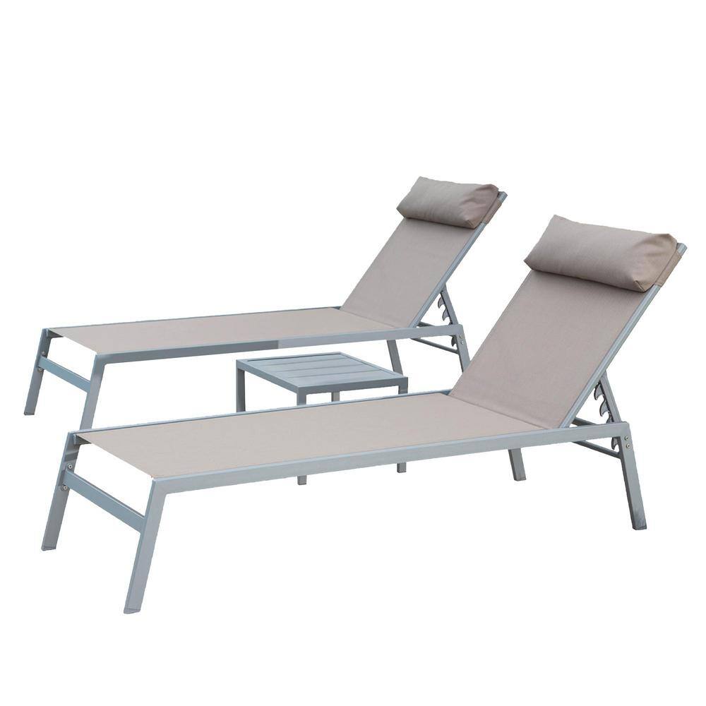 Set of 3 Aluminum Adjustable Outdoor Chaise Lounge in Khaki Seat Poolside Lounger with Steel Side Table and Headrest price history on PriceWatchPro
