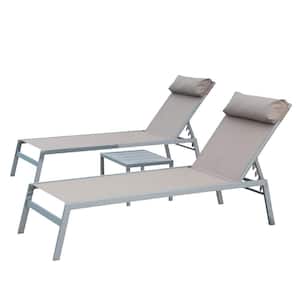 Set of 3 Aluminum Adjustable Outdoor Chaise Lounge in Khaki Seat Poolside Lounger with Steel Side Table and Headrest