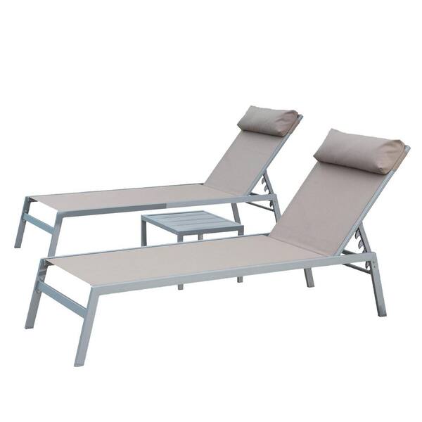 GAWEZA Set of 3 Aluminum Adjustable Outdoor Chaise Lounge in Khaki Seat Poolside Lounger with Steel Side Table and Headrest