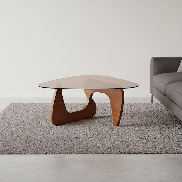35.82 in. Brown Triangle Glass Coffee Table with Brown Legs for Living Room, Bedroom