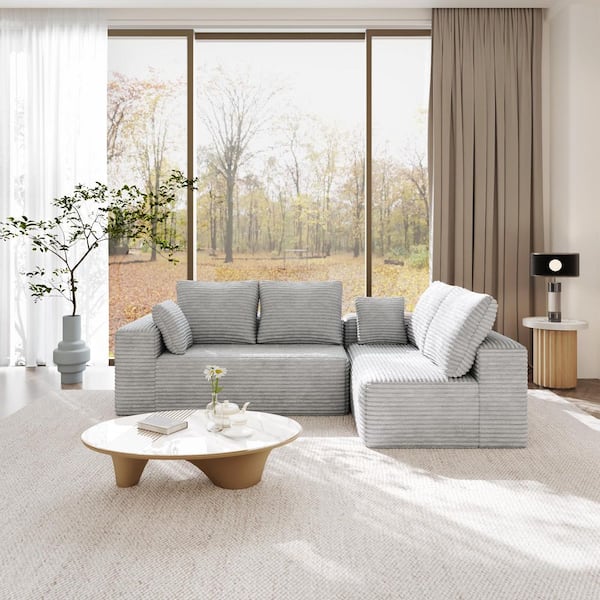 134 in. Square Arm 2-Piece Corduroy Fabric L-Shaped Modular Boneless Sectional Sofa with Pillows in. Gray