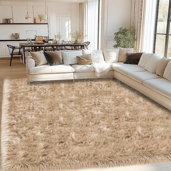 Sheepskin Faux Fur Beige 6 ft. x 9 ft. Cozy Furry Rugs Area Rug
