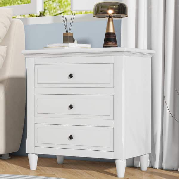 White 3-Drawer Nightstand Storage Wood Cabinet with Metal Handle and Smooth Gliding Rails