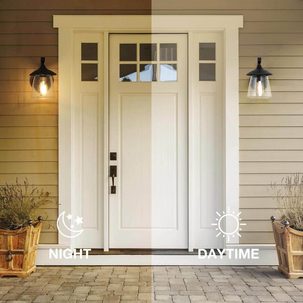 Modern Black Metal Outdoor Lantern Sconce with Seeded Glass