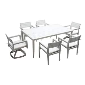 7-Piece Aluminum Outdoor Dining Table Set, Dining Chairs (4) And Swivel Rocking Chairs (2) with Sunbrella White Cushions