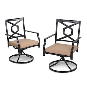Black Swivel Metal Outdoor Dining Chair Patio Balcony Bistro Chair with Beige Cushions (2-Pack)