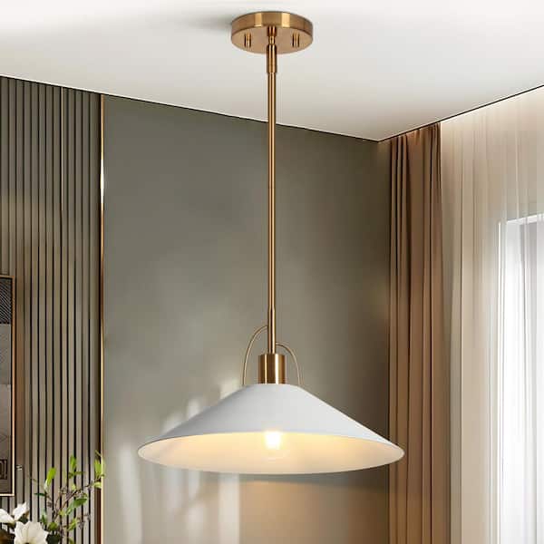 Modern Coastal Pendant Light 1-Light Matte White Island Hanging Ceiling Light with Geometric Bell Shade and Brass Accent