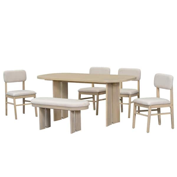 6-Piece Rectangular Natural Wood Top Dining Table Set Seats 5 with 4 Upholstered Dining Chairs and Dining Bench