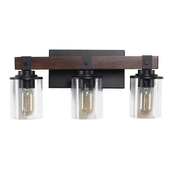 19 in. 3-Light Black and Walnut Bathroom Vanity Light with with Clear Glass Shades (No Bulbs)