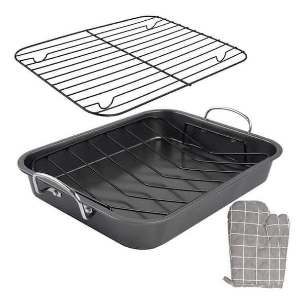 Nonstick Gray Steel Construction Roasting Pan Removable Racks Fast Even Heating Superior Nonstick Oven Safe Set