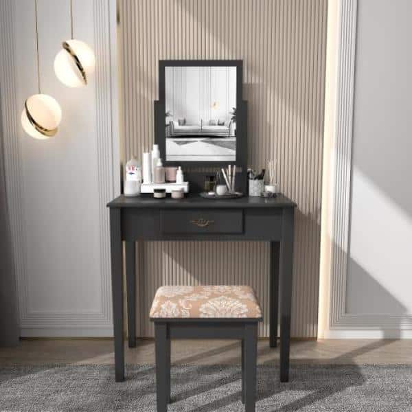 Black Wood Makeup Vanity Set Table with Rotating Rectangular Mirror Drawer in. H x 29.5 in. W x 15.7 in. D SNMX085 - The Home
