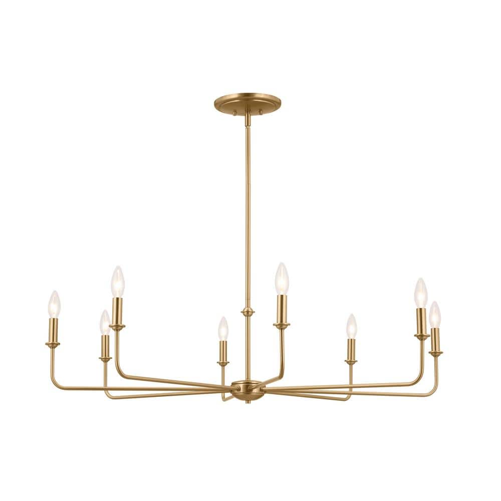 Brushed Natural Brass 8-Light Chandelier with White Linen Shades