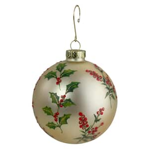 4 in. Glass Gold Red and Green Holly Berry Christmas Ornament