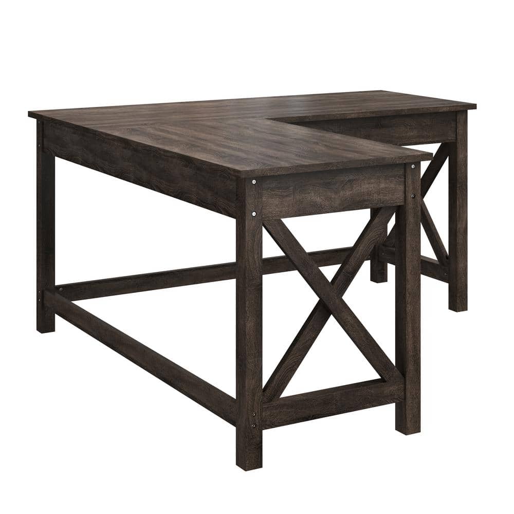 Dark Gray Oak L-Shaped Computer Desk with X-Pattern Legs