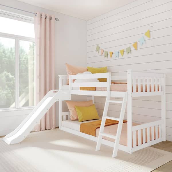 White Twin Over Twin Bunk Bed with Slide and Ladder