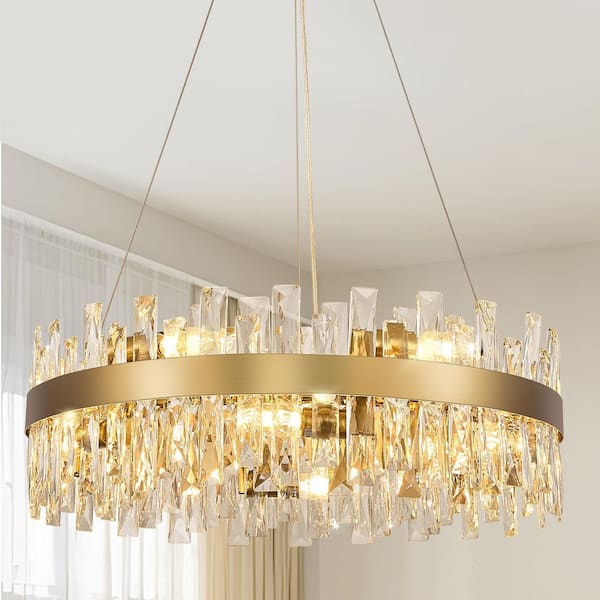 12-Lights Gold Round Crystal Chandelier, 23 in. Modern Crystal Chandelier Pendant Light Fixture for Kitchen Island