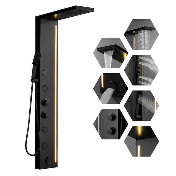 4-Jet Rainfall Shower Panel System with LED light Spa Jets Rainfall Waterfall Shower Head Finish in Black