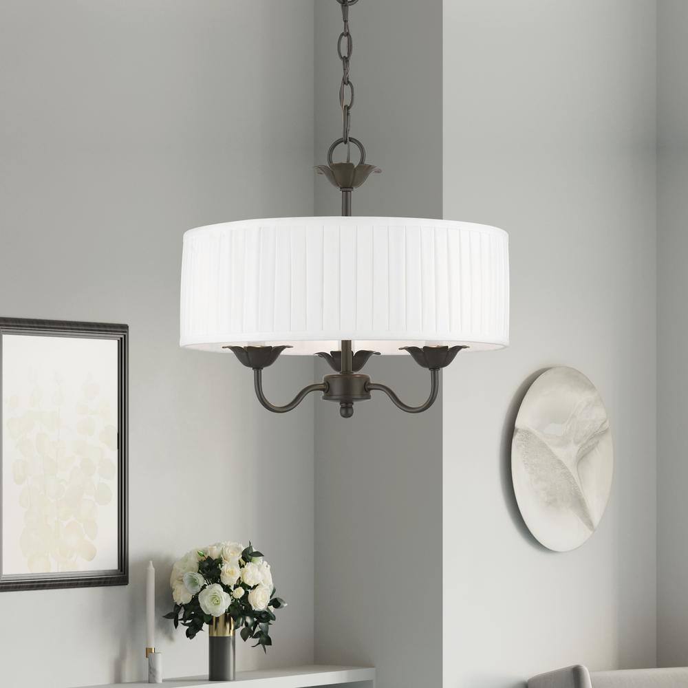 Edinburgh English Bronze 3-Light Drum Pendant with Off-White Shade