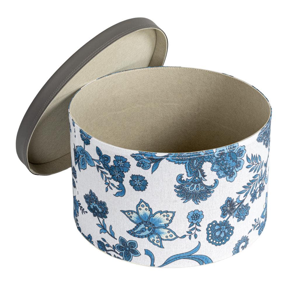 Cream and Blue Floral Nestable Hat Boxes with Faux Leather Lids, Set of 3
