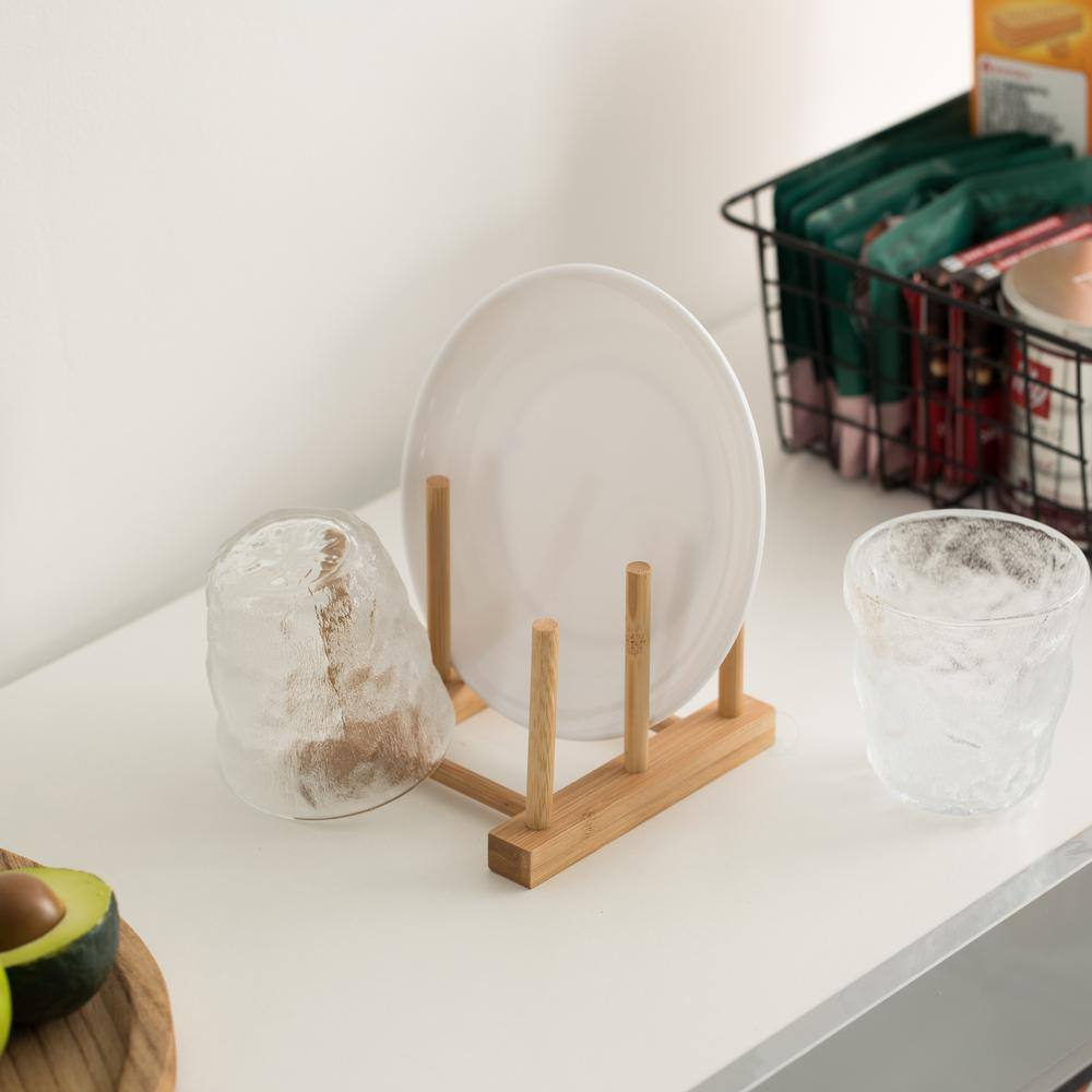 Set of 2 Bamboo Wooden Dish Drainer Rack with 2 Grids