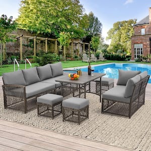 7-Pieces Patio Gray Wicker Furniture Dining Set with Gray Cushions