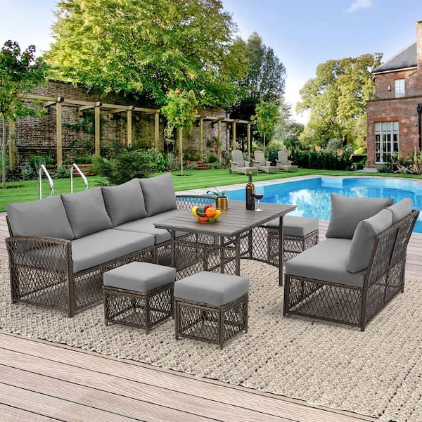 AECOJOY 7-Pieces Patio Gray Wicker Furniture Dining Set with Gray Cushions