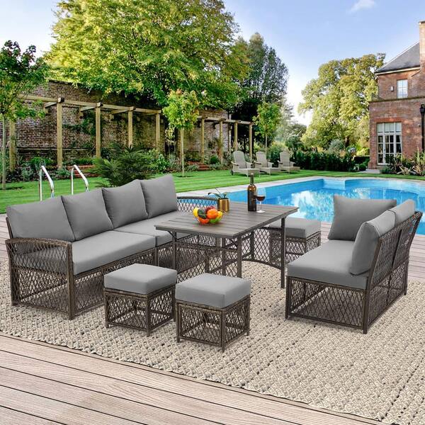 AECOJOY 7Pieces Patio Gray Wicker Furniture Dining Set with Gray