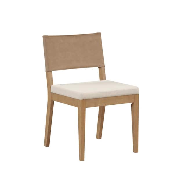 Linus 19 in. Modern Upholstered Dining Chair with Faux Leather Back and Solid Wood Wire-Brushed Legs, Light Brown