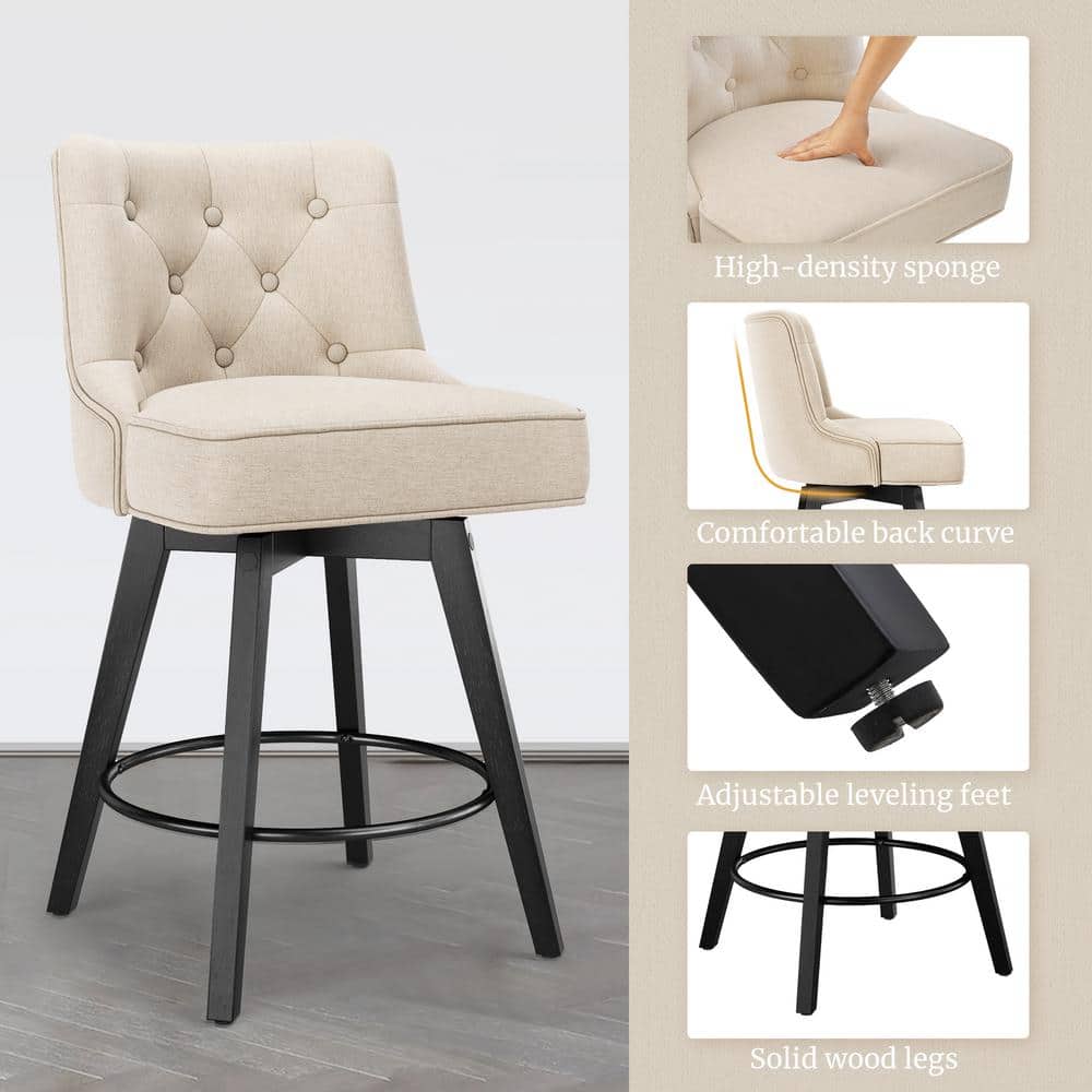 Beige Linen Upholstered Swivel Counter Stool with Solid Wood Frame