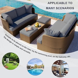 5-Piece Wicker Outdoor Patio Conversation Furniture Sofa Set with Grey Thick Cushions