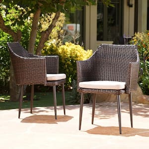 Iona Multi-Brown Arm Faux Rattan Outdoor Dining Chair with Beige Cushion (2-Pack)
