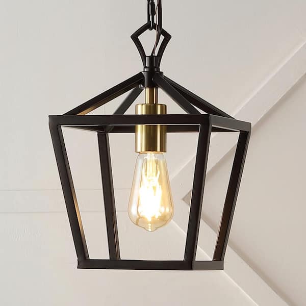 JONATHAN Y Oslin 8 in. 1-Light Vintage Farmhouse Iron Chain Pagoda LED Pendant Light, Oil Rubbed Bronze/Brass Gold