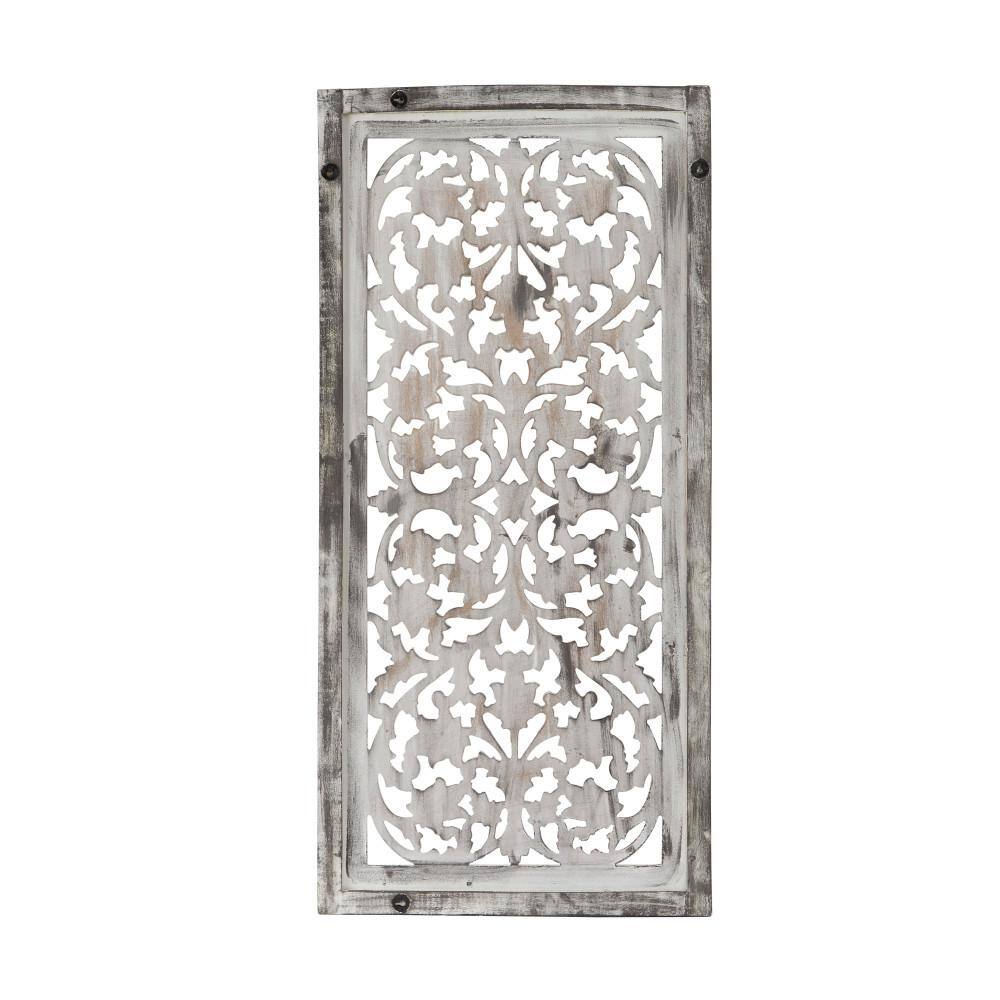 Gray Mango Wood Handmade Intricately Carved Floral Wall Panel