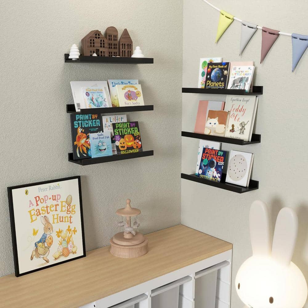 Set of 6 Black MDF Floating Wall Shelves with Ledge