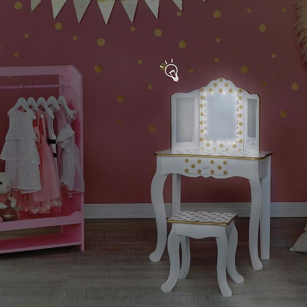 Teamson Gisele Play Fashion Depot Mirror with Polka Prints Fields White/Gold Kids Fantasy Vanity Dot TD-11670ML The - LED Home Light in Set