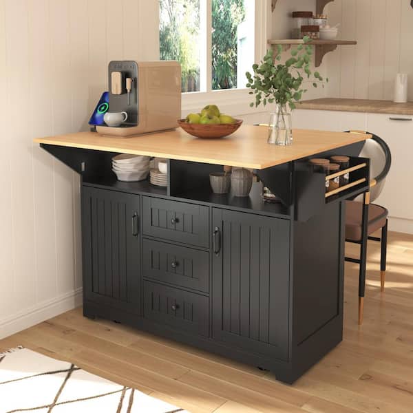 PDTEND Black Wood MDF 55.7 in. W Rolling Kitchen Island on 5-Wheels with 2-Drop Leaf, Power Outlet, Spice and Towel Rack