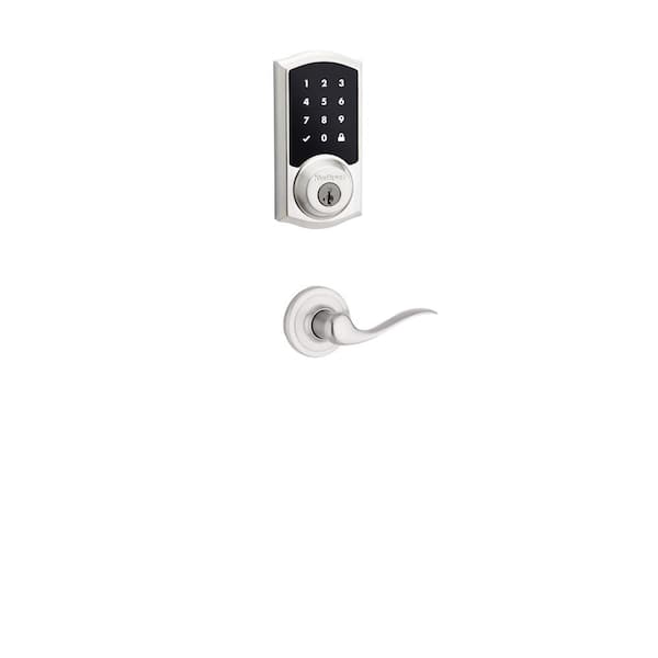 Kwikset Premis Touchscreen Smart Lock Satin Nickel Single Cylinder Keypad Electronic Deadbolt featuring Tustin Hall/Closet Lever
