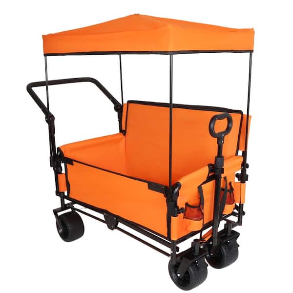 3-in-1 Orange Outdoor Collapsible Wagon with Bench Seat and Removable Canopy, Folding Wagon Cart
