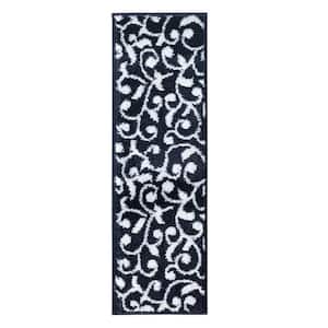 Leaves Collection Navy White 9 in. x 28 in. Polypropylene Stair Tread Cover (Set of 13)