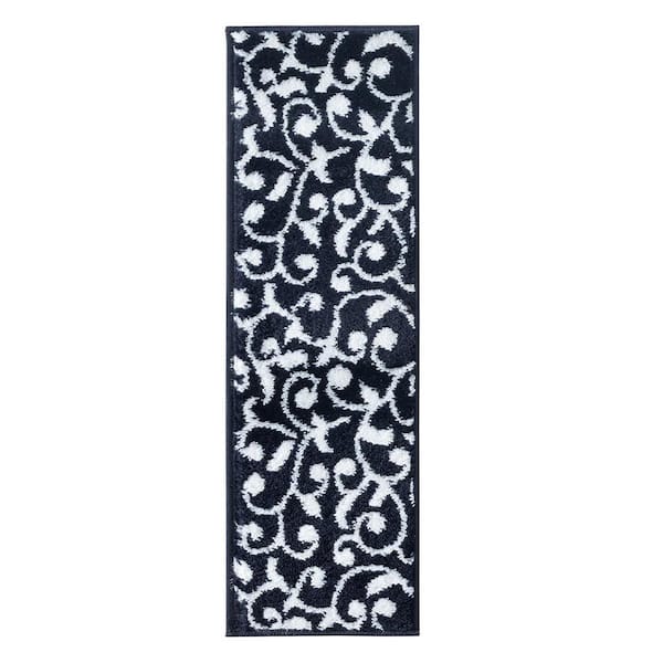 SUSSEXHOME Leaves Collection Navy White 9 in. x 28 in. Polypropylene Stair Tread Cover (Set of 13)