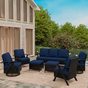 7-Piece Brown Rattan Outdoor Wicker Patio Conversation Set with Blue Cushions